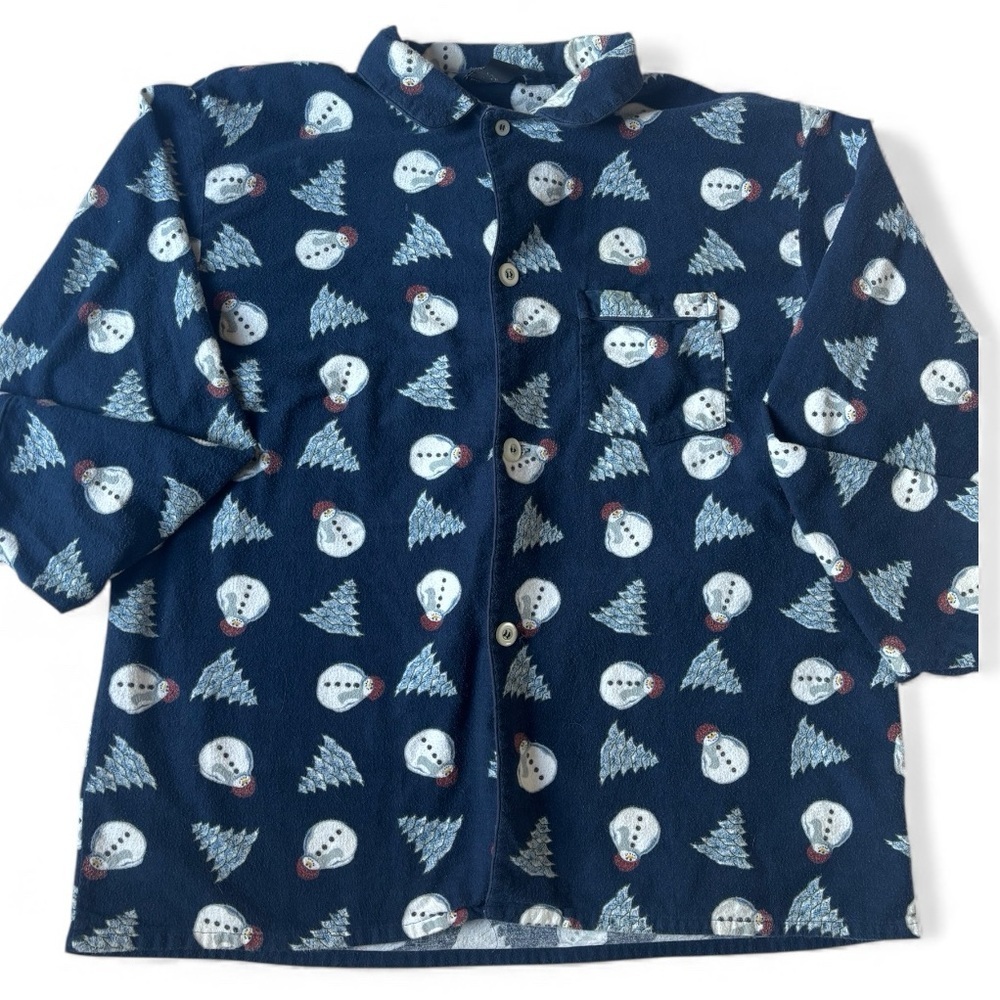🎄 Vintage Hanes Snowman & Christmas Tree Flannel Shirt XL Cozy Holiday Button-Up